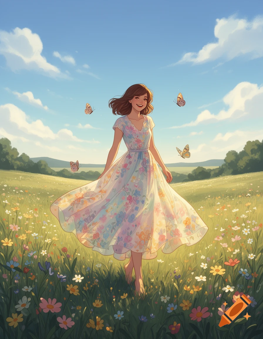 A smiling woman in a flowing floral dress stands in a vibrant flower field with butterflies under a blue sky, illustrated.