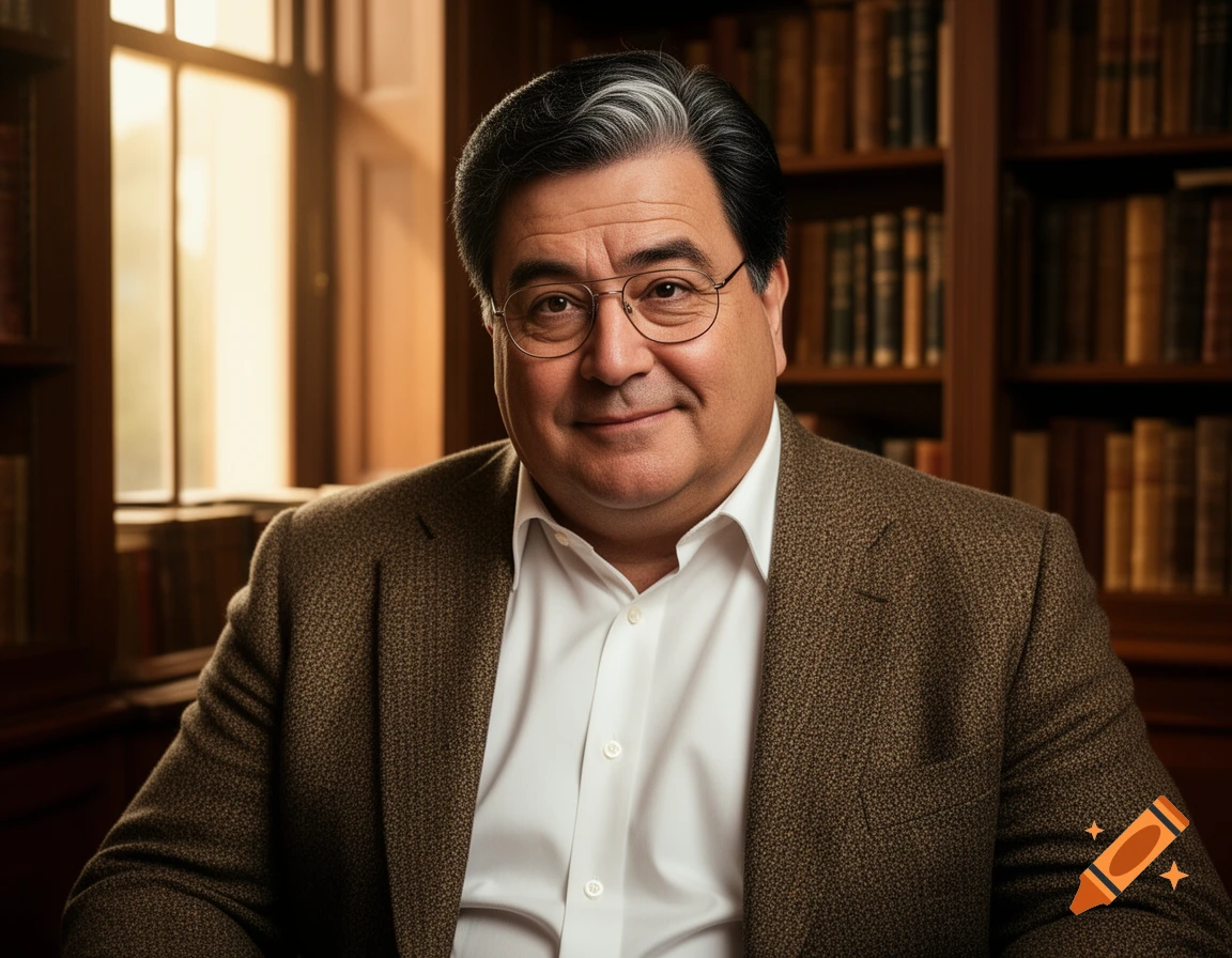 A smiling man with dark hair and glasses in a white shirt and tweed jacket sits in a library, bookshelves behind him.