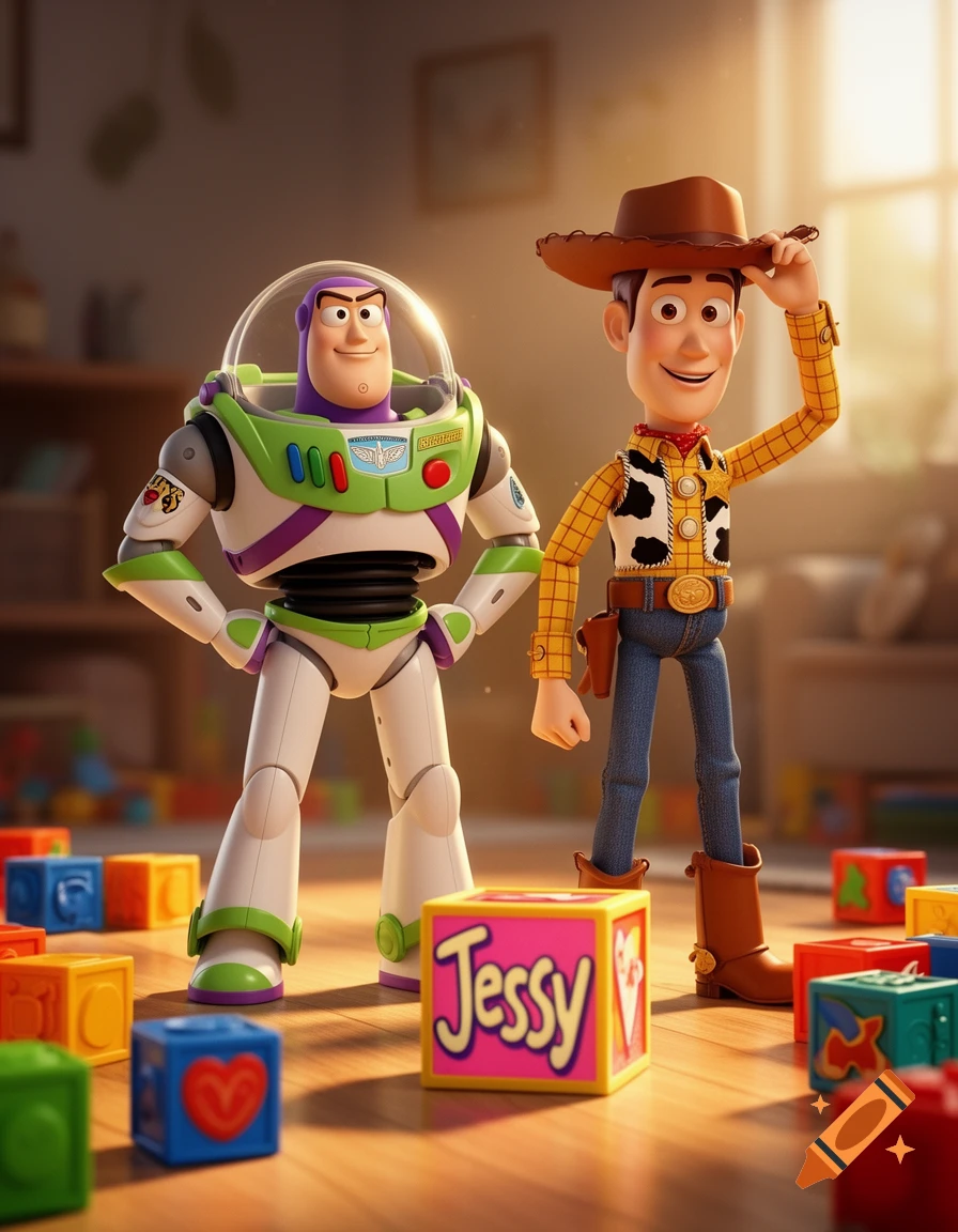 Buzz Lightyear and Woody from Toy Story stand on a wooden floor with colorful toy blocks, one block reads 'Jessy'.
