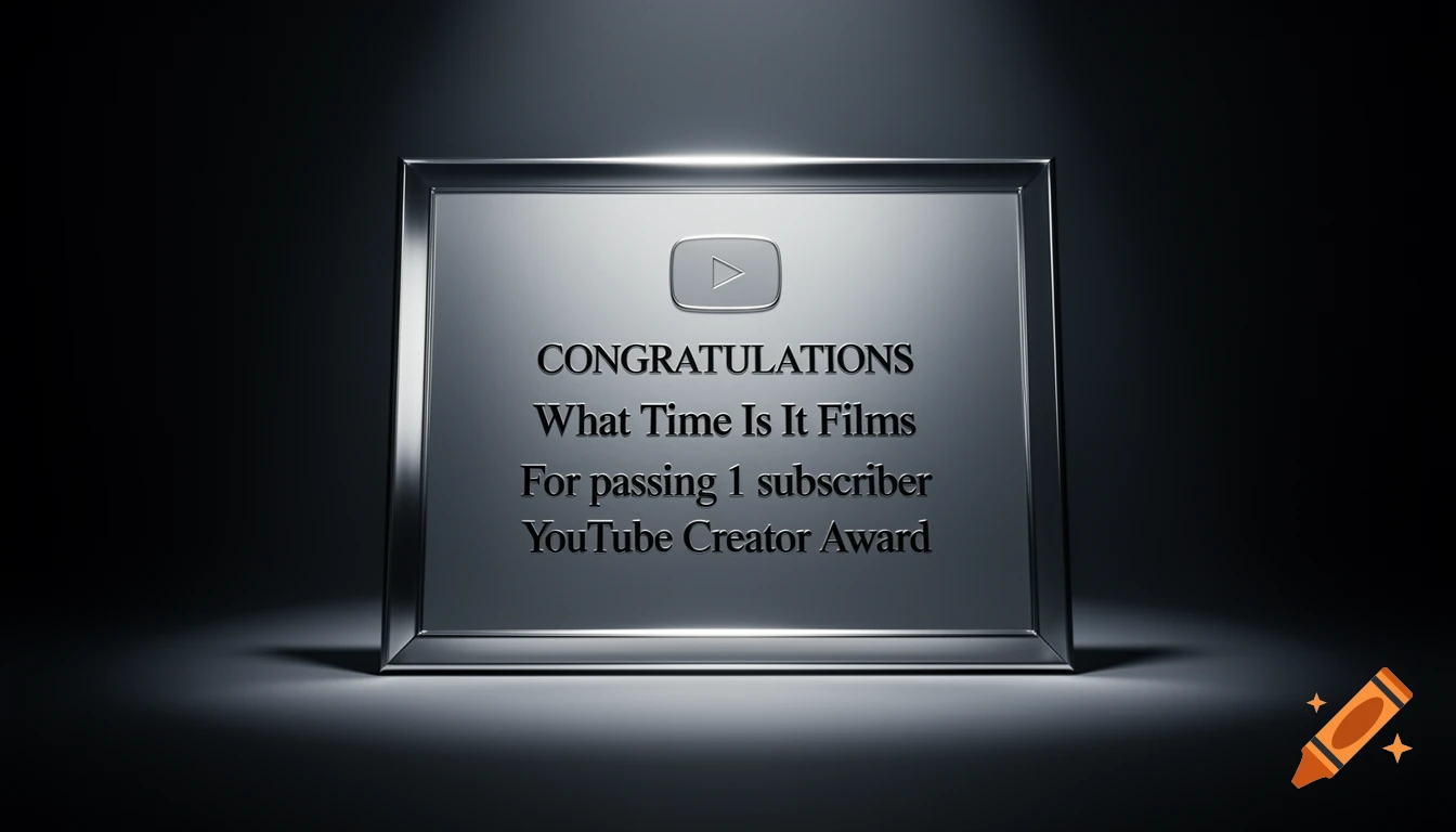 A cinematic silver YouTube Creator Award plaque for 1 subscriber on a dark background with dramatic lighting and reflections.