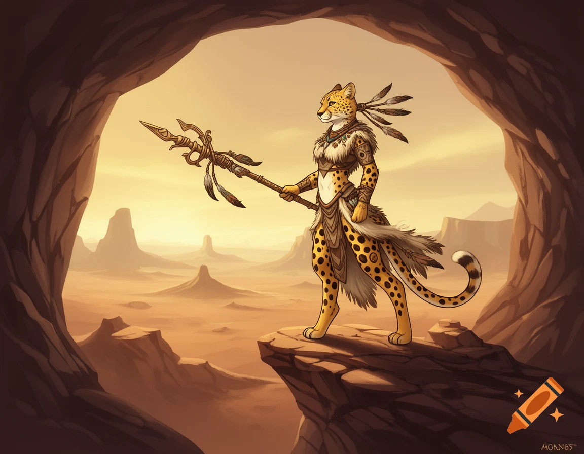 An anthropomorphic cheetah warrior in tribal attire stands on a desert cliff, holding a spear, surveying a vast desert landscape at sunset.