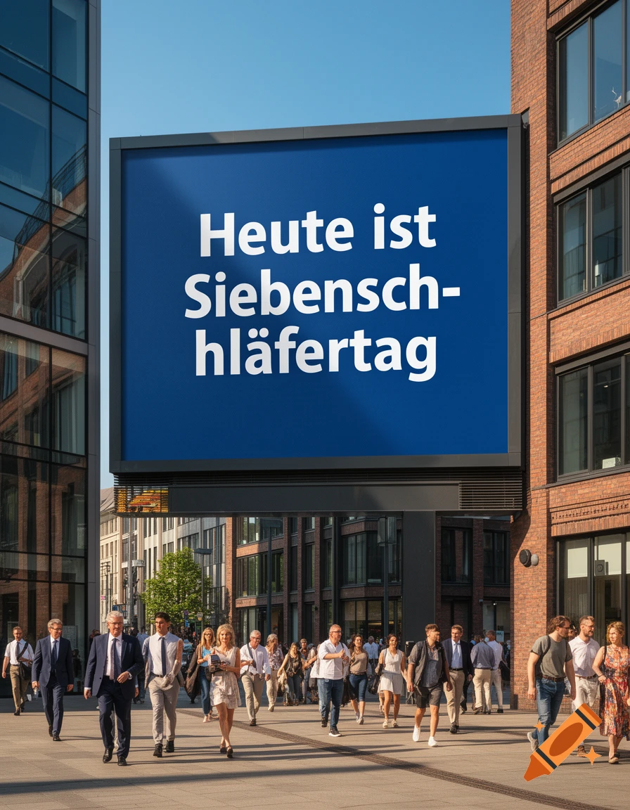 A busy urban street with pedestrians and a large blue billboard displaying 'Heute ist Siebenschläfertag' between modern glass and brick buildings.