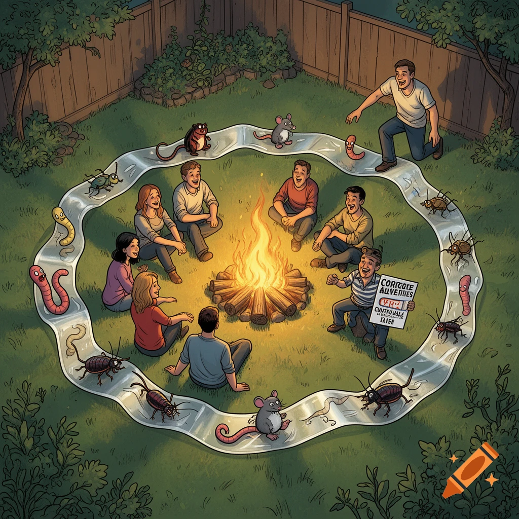 Comic illustration of family and friends around a campfire in a backyard. Cartoon pests and tiny men with signs are stuck to tape on the grass.
