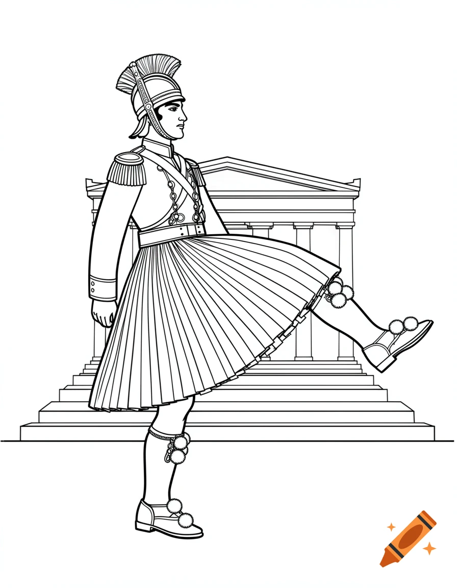 A black and white outline drawing of a Greek Evzone soldier in traditional uniform, with one leg raised, against a temple-like building.