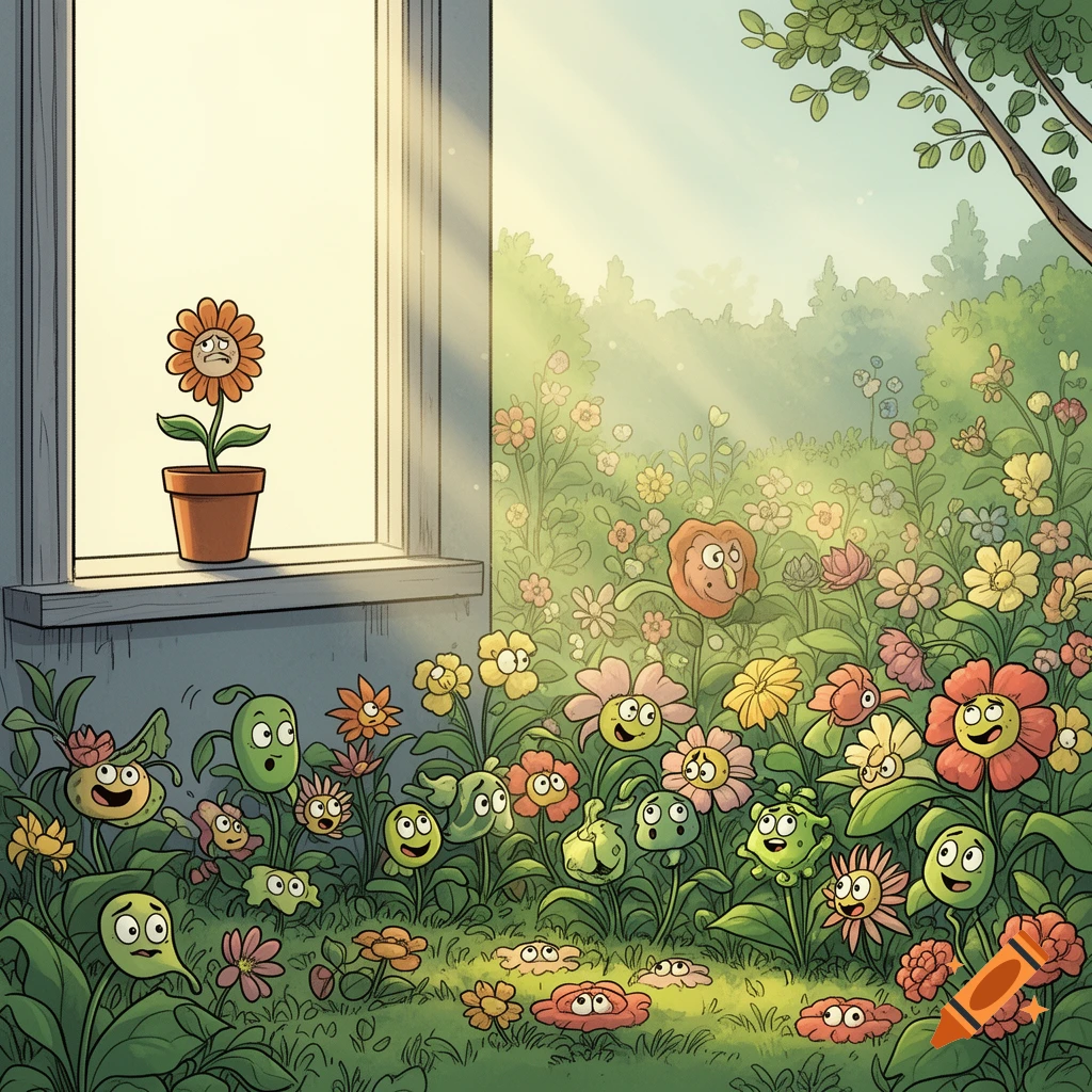 A sad potted cartoon flower on a windowsill looks out at a bright, happy garden full of smiling cartoon flowers and plants.