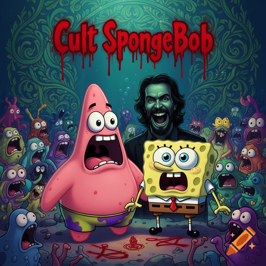 Patrick Star and Spongebob Squarepants look terrified with screaming creatures and a menacing figure in a dark, cult-themed underwater scene with "Cult SpongeBob" text.