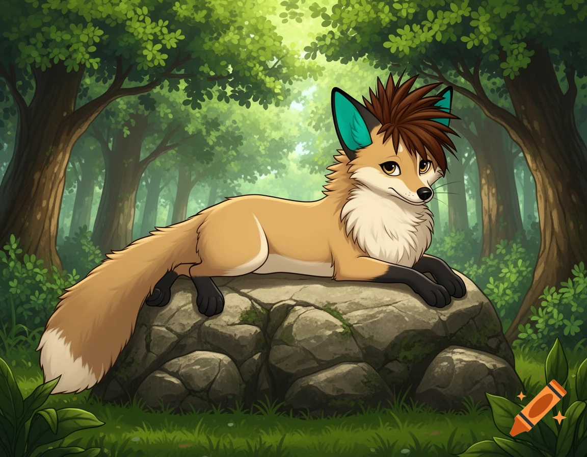 A stylized cartoon anthropomorphic fox with teal ears and a spiky brown tuft lies on a large rock in a lush forest.