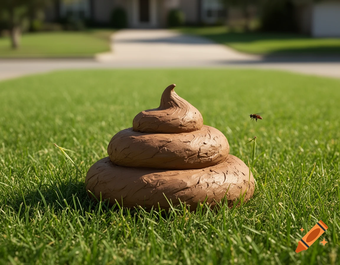 A large, brown pile of feces sits on a vibrant green lawn under bright daylight, with a fly hovering nearby.