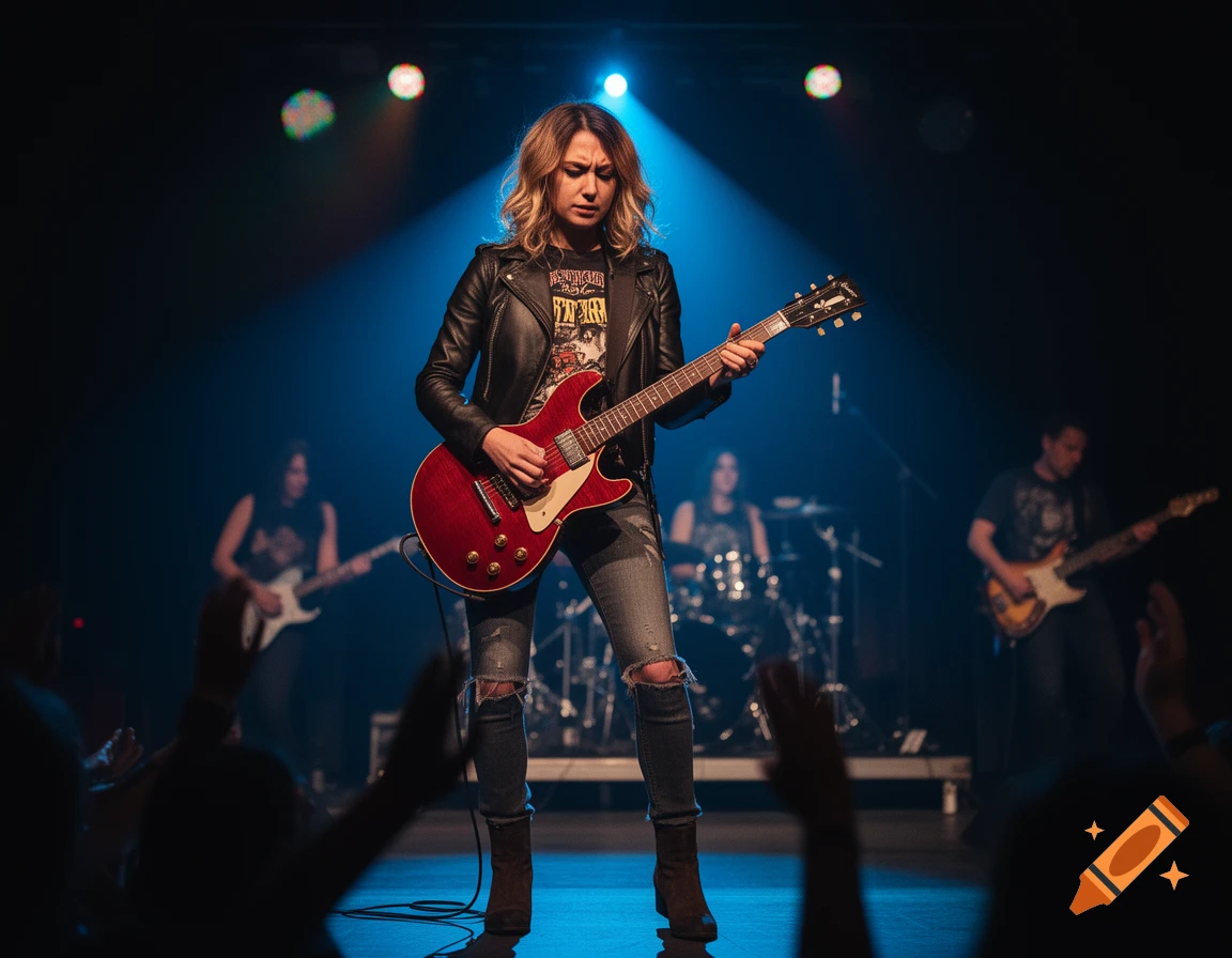 A female guitarist in a leather jacket plays a red electric guitar on stage under blue spotlights, with bandmates and audience.