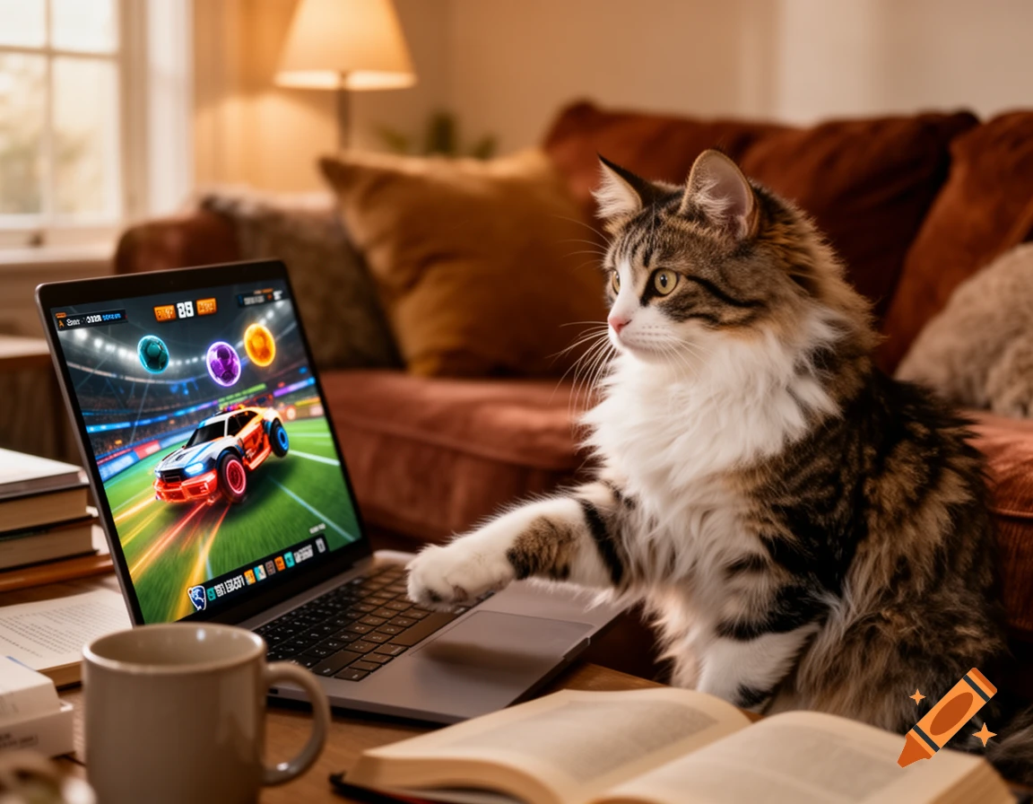A fluffy tabby cat with white chest and paws sits on a table, seemingly playing Rocket League on an open laptop in a cozy living room.