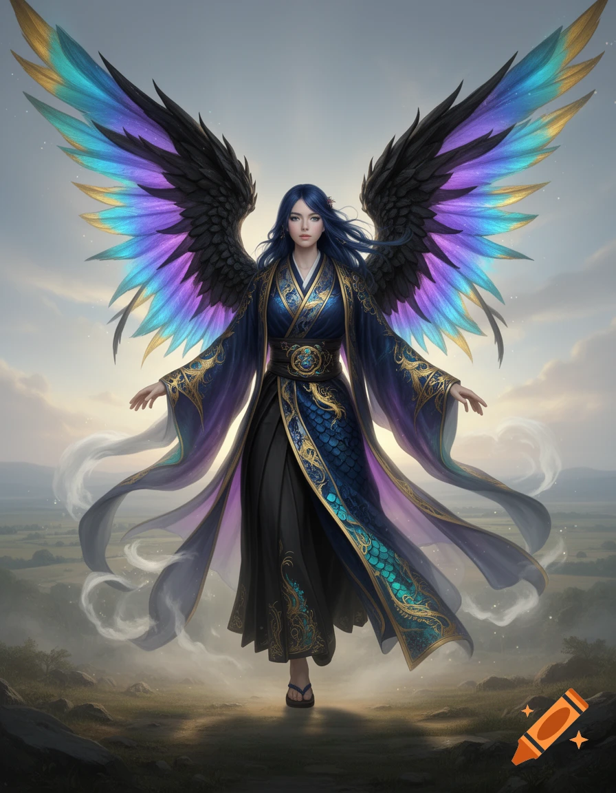 A female fantasy character with blue hair, large iridescent wings, and a flowing blue and gold kimono-style outfit, standing on a grassy hill under a cloudy sky.