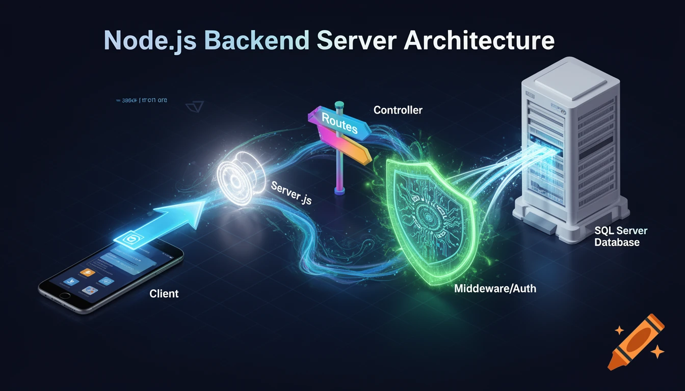 A 3D isometric infographic illustrating a Node.js backend server architecture, showing data flow from a client smartphone through server.js, routes, middleware/auth, controller, and finally to a SQL server database.