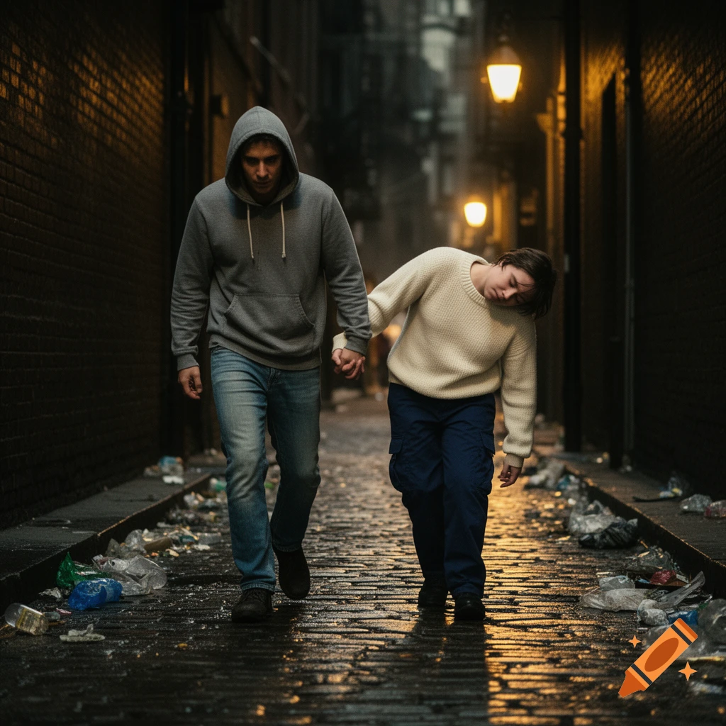 A hooded person drags a limp, unconscious-looking person by their hand through a dark, litter-strewn, wet alley at night, lit by streetlights.