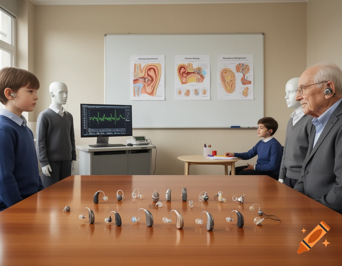 Photorealistic image of a classroom setting with a boy and an old man wearing hearing aids, alongside mannequins and a table full of various hearing devices. A whiteboard with anatomical diagrams of the ear is in the background.