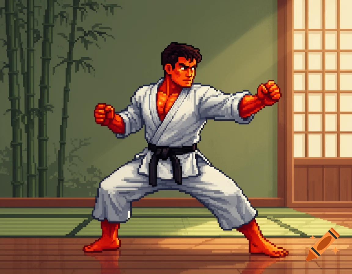 A pixel art martial artist with red skin in a white gi and black belt is in a dynamic fighting stance in a dojo.