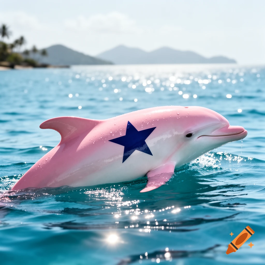 A pink dolphin with a blue star on its side swims in sparkling blue ocean water near a tropical island.