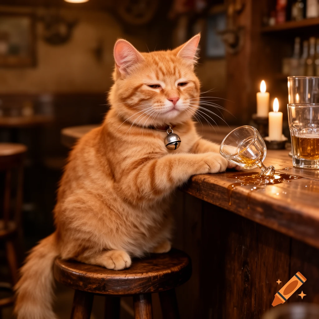 An orange tabby cat sits on a bar stool, looking disoriented next to a spilled glass of whiskey and another drink.