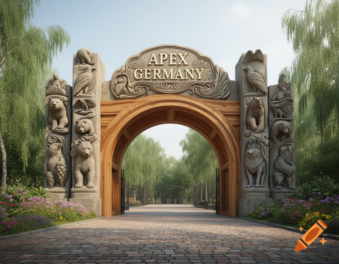A grand stone archway entrance to 'APEX GERMANY' zoo, adorned with detailed animal carvings on its pillars, leading to a tree-lined path.