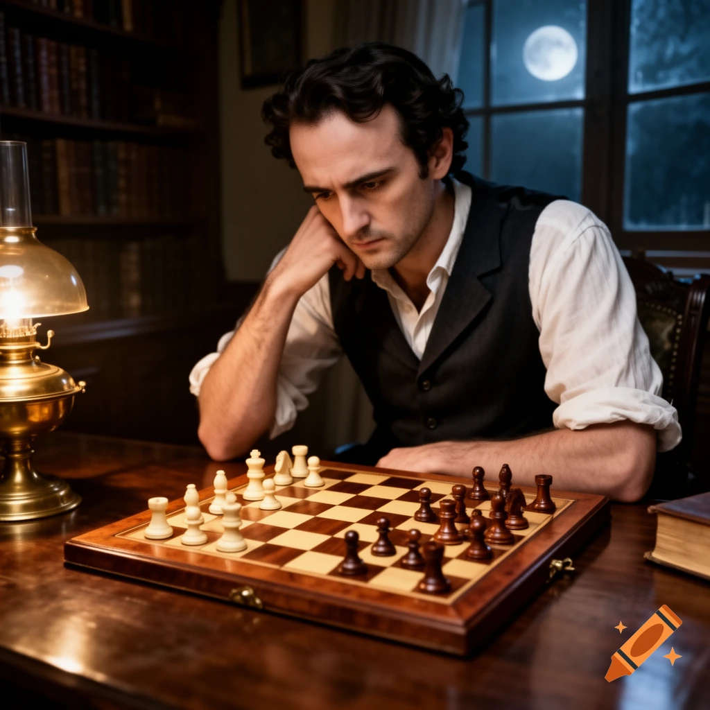 A man in period clothing looks thoughtfully at a chess board in a dimly lit room with a full moon outside.