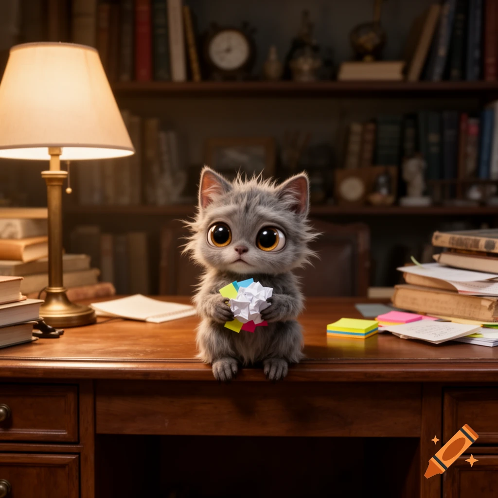 A fluffy grey cat-like creature with big eyes sits on a wooden desk in a dimly lit study, holding crumpled colorful paper.