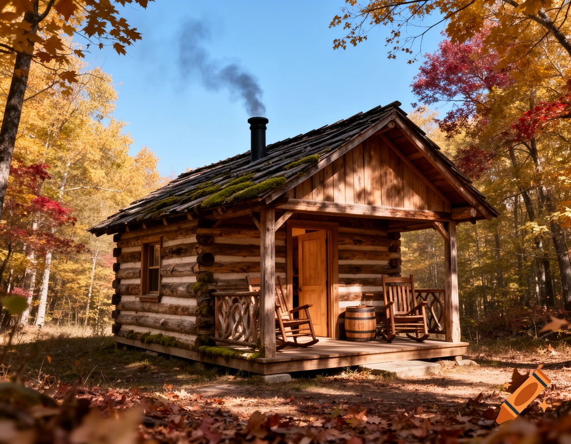 Rustic log cabin with a smoking chimney and porch amidst vibrant autumn trees and fallen leaves.