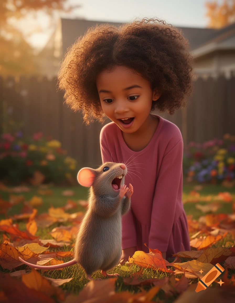 A young girl with curly hair looks delighted at a cheerful cartoon mouse standing in autumn leaves, bathed in golden light.