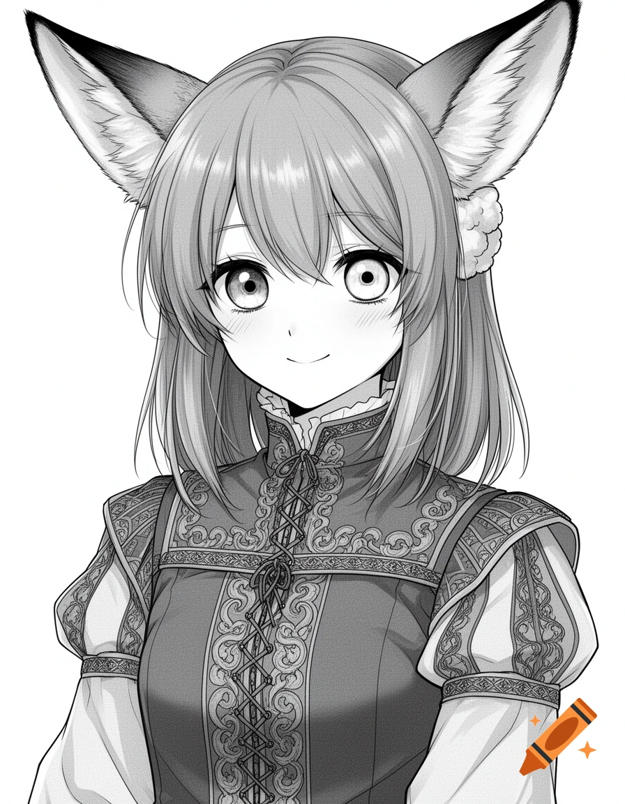 Black and white manga illustration of a smiling anime girl with fennec fox ears and medieval European attire.