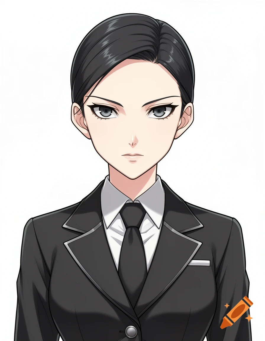 Anime portrait of a stern young woman with dark hair in a black business suit and tie against a white background.