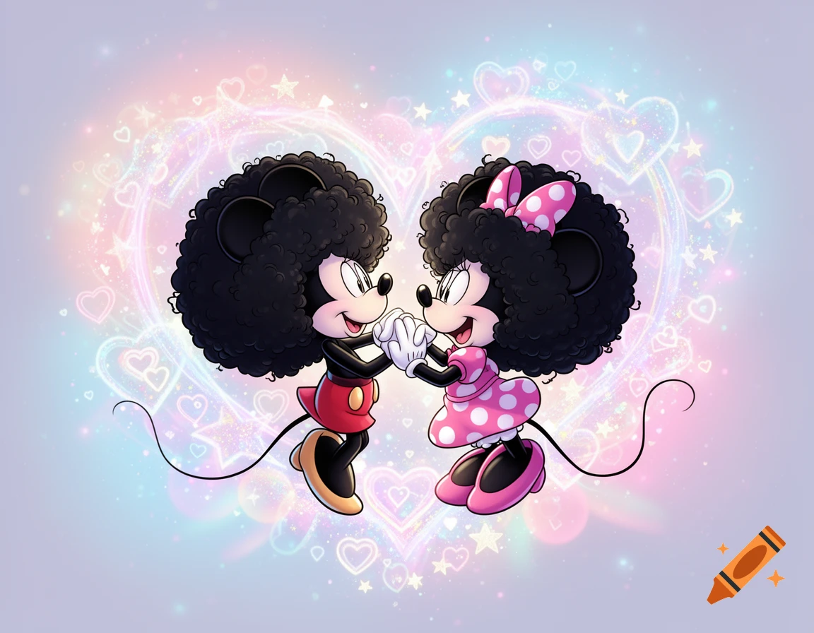 Cartoon illustration of Mickey and Minnie Mouse with black afro hair, holding hands against a pastel background with glowing hearts and stars.
