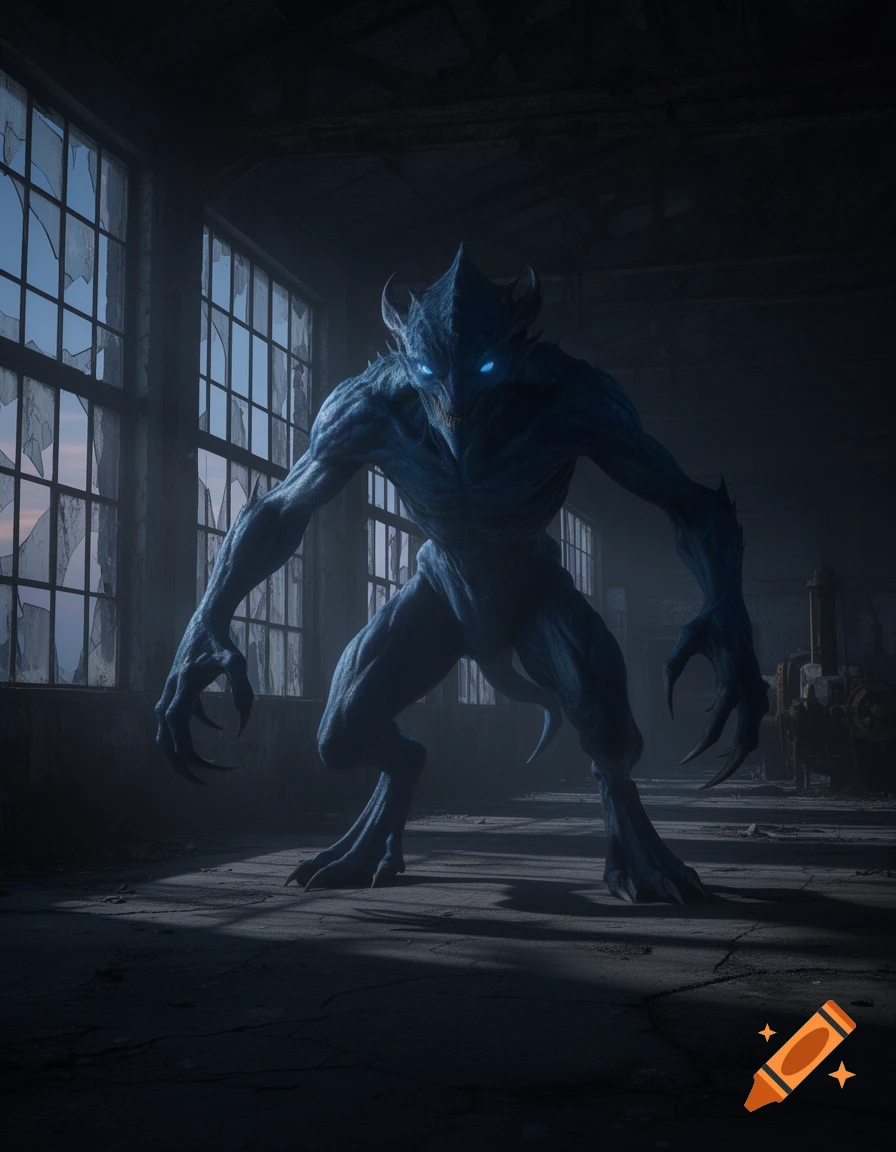 A blue, horned monster with glowing eyes stands in a dark, dilapidated factory with broken windows at dusk. Photorealistic style.