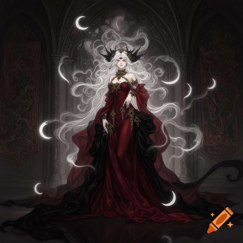 Anime-style fantasy art of a woman with long white hair, a horned crown, and an ornate red and black gown, standing in a dark gothic hall with floating crescent moons.