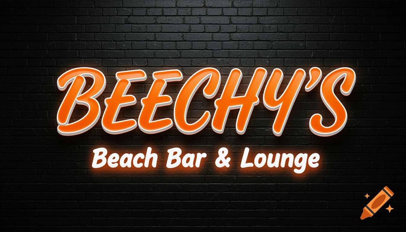 Orange and white neon-style sign for BEECHY'S Beach Bar & Lounge on a black brick wall.
