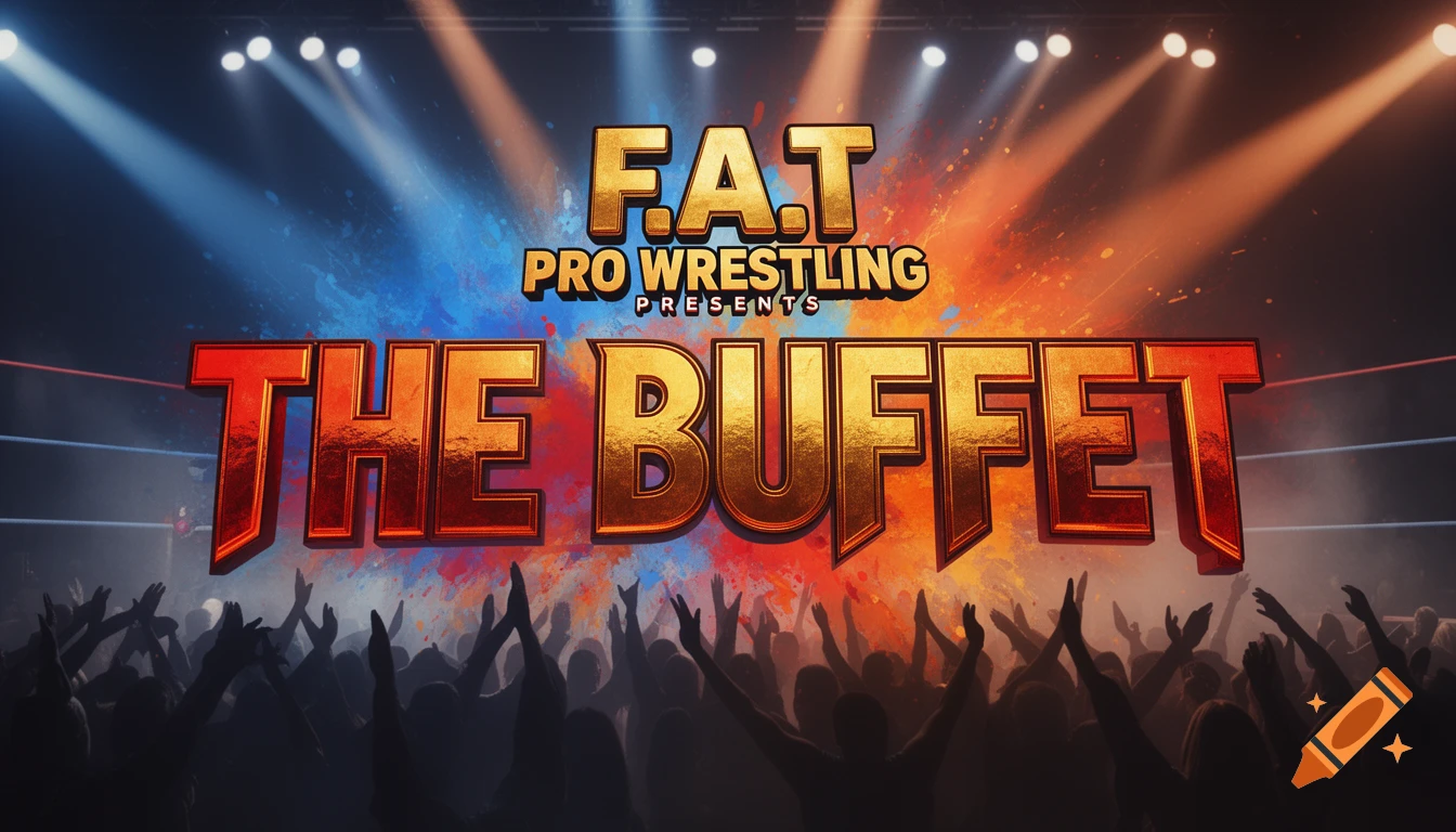 A stylized banner for 'F.A.T Pro Wrestling Presents THE BUFFET' event, featuring a wrestling ring, spotlights, and a silhouetted crowd.