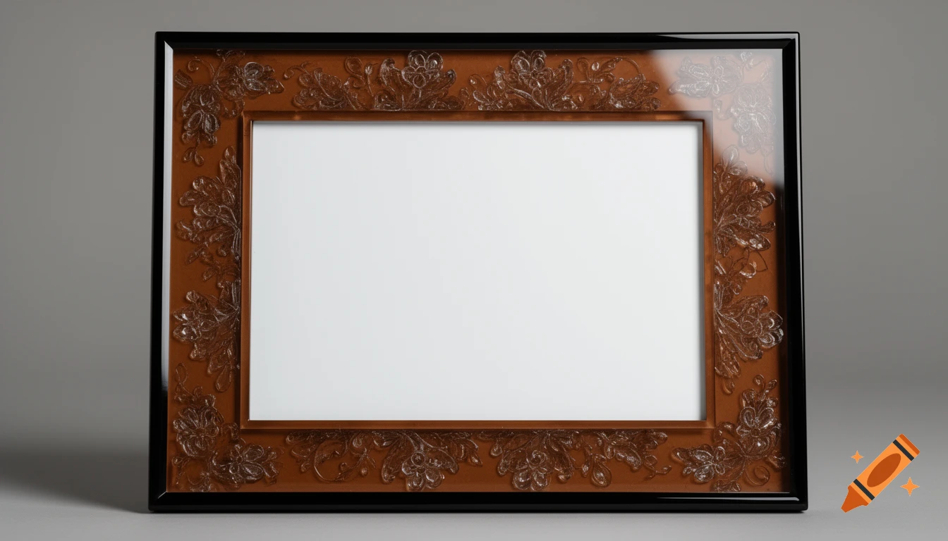 Ornate brown and black picture frame with clear floral designs around a blank white center on a grey background.