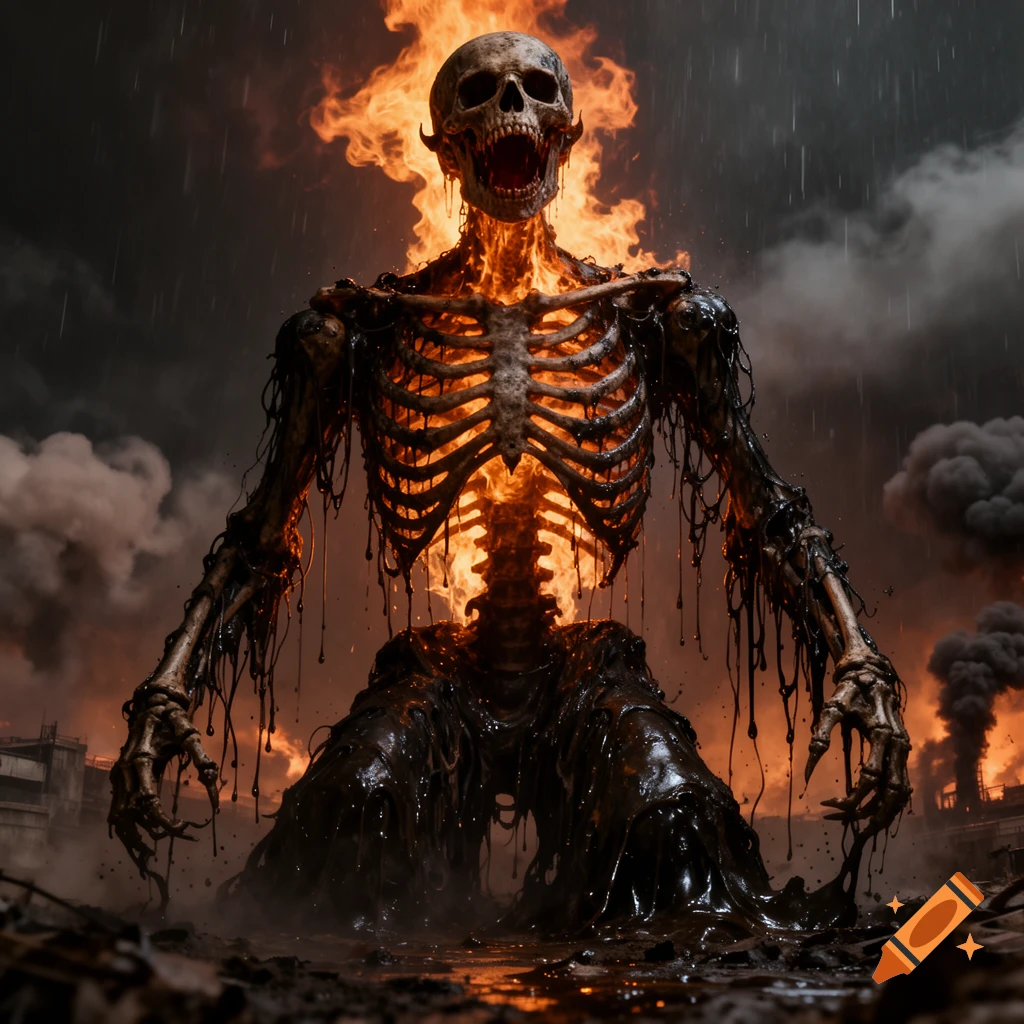 A giant skeletal monster, burning and covered in black tar, rises from a smoky, destroyed city under acid rain, flames from its head.