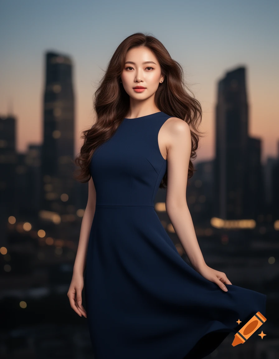 A photorealistic portrait of a woman with long brown hair in a navy blue sleeveless dress, standing in front of a blurred city skyline at dusk.