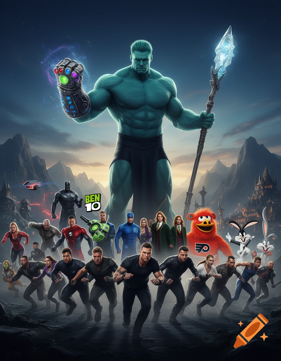 A movie poster features a giant teal-skinned figure with an Infinity Gauntlet and spear, with a diverse team of characters including superheroes, Fast and Furious cast, Ben 10 logo, Gritty, and Looney Tunes characters rushing forward on a rocky landscape.