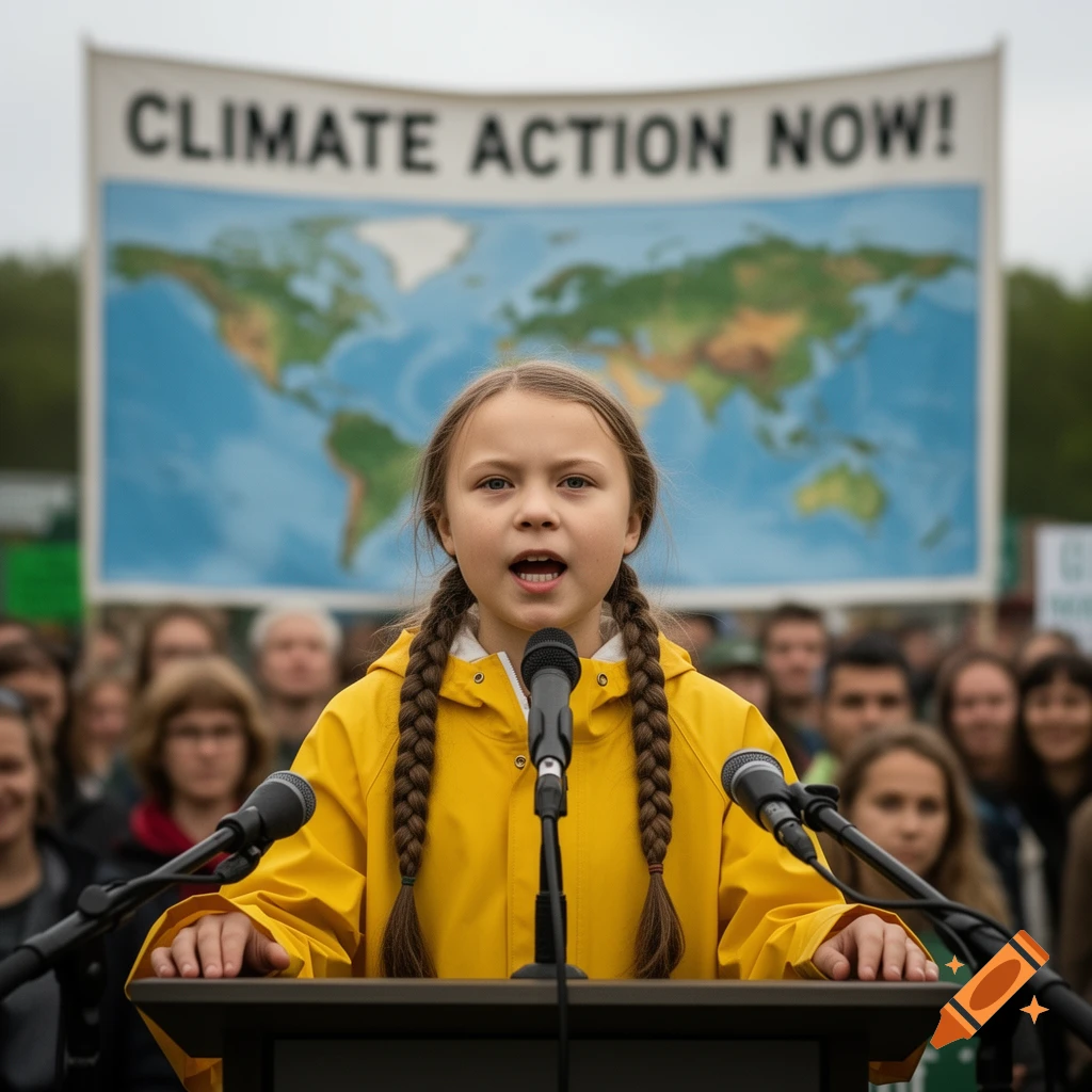 A young girl in a yellow raincoat speaks at a podium with microphones, a 'CLIMATE ACTION NOW!' banner and a world map behind her.