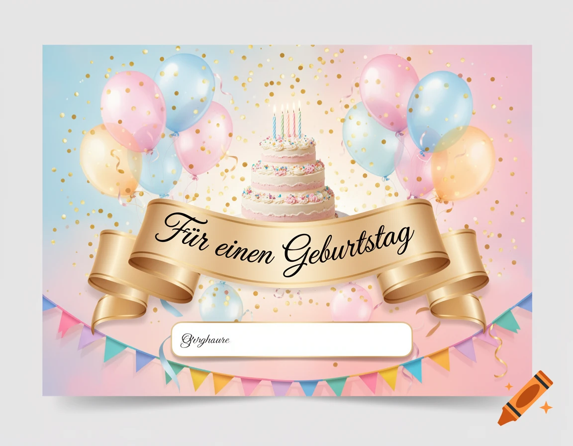 Birthday card design with pastel pink and blue balloons, golden confetti, a three-tier cake, and a gold banner.