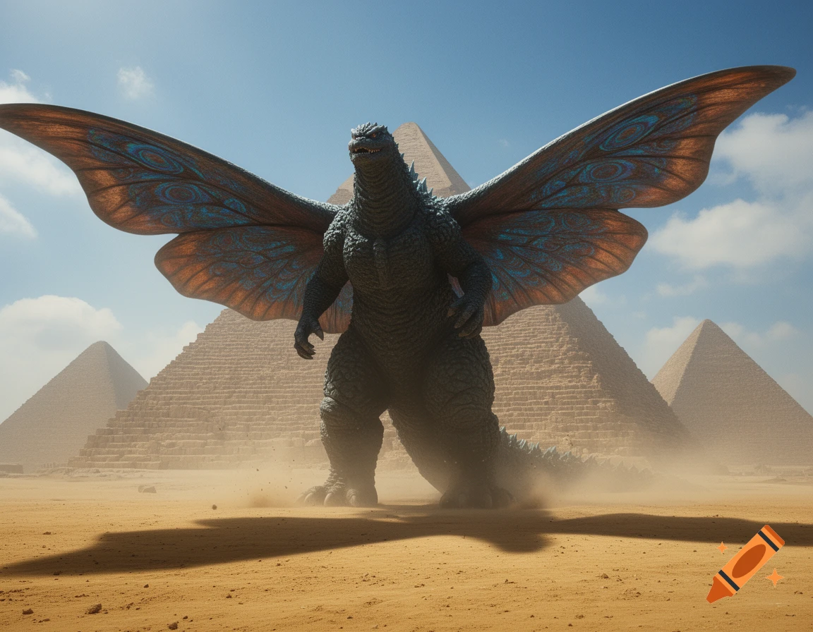 A large, dark kaiju resembling Godzilla with moth-like wings stands in a sandy desert before ancient Egyptian pyramids under a clear sky.
