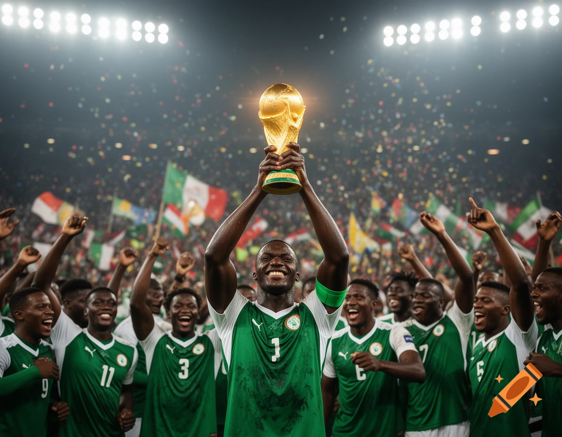 A jubilant footballer in a green jersey raises a golden trophy, surrounded by cheering teammates, with flags and confetti in a crowded stadium.