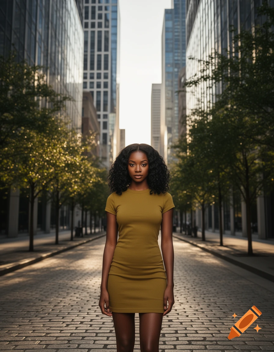A photorealistic Black woman in an olive green mini-dress stands on a cobblestone street flanked by trees and tall buildings.
