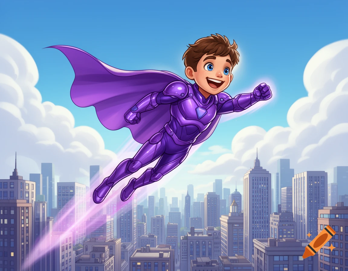 A smiling cartoon boy superhero in a purple suit and cape flies over a city skyline, leaving a purple trail.