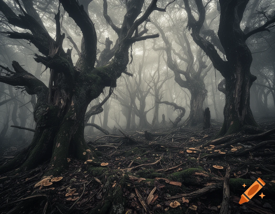 A dark, foggy forest with gnarled, mossy trees, exposed roots, and scattered mushrooms on the damp ground, in a realistic style.