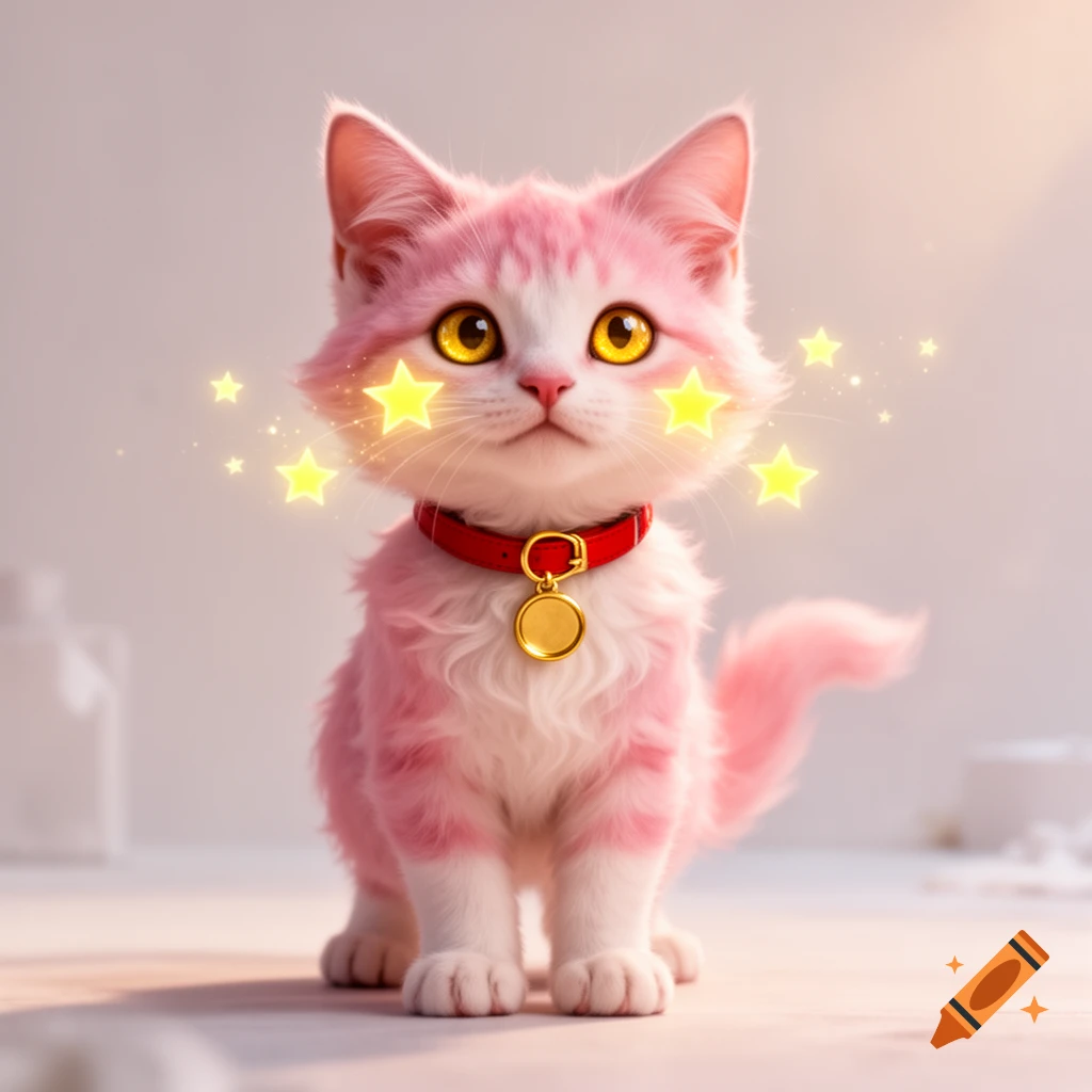 A cute pink and white cat wearing a red collar with a gold tag, with glowing yellow stars on its cheeks, in a stylized, bright setting.