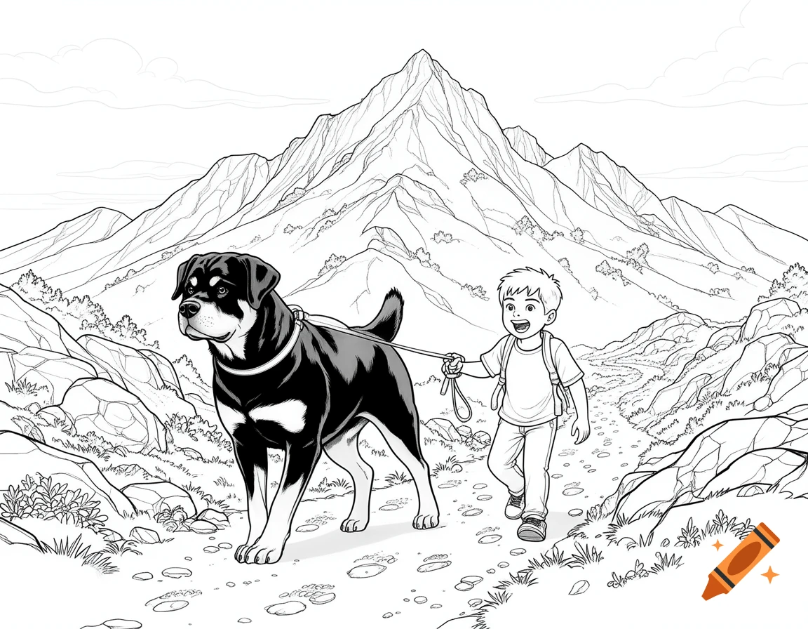 A black and white line art drawing of a young boy walking a Rottweiler dog on a leash in the mountains.