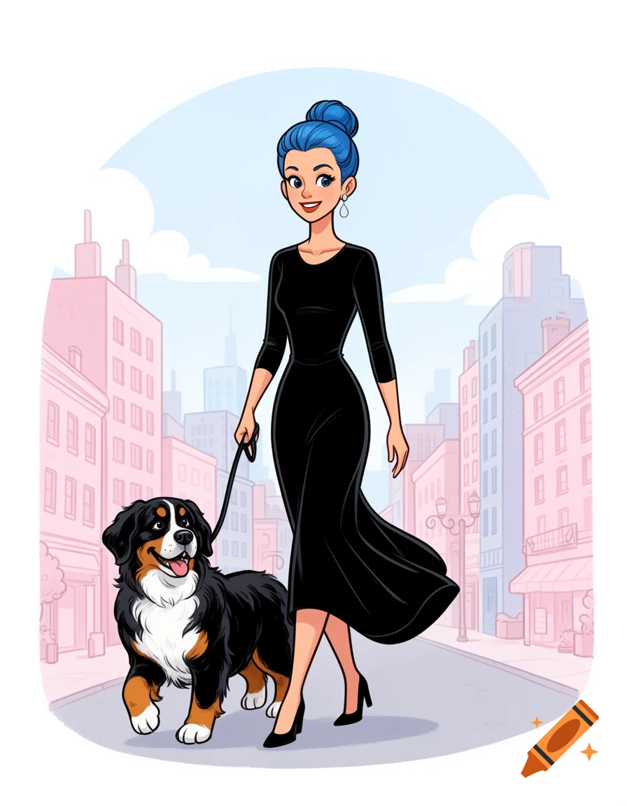 A cartoon woman with blue hair in a black dress walks a Bernese mountain dog on a city street.
