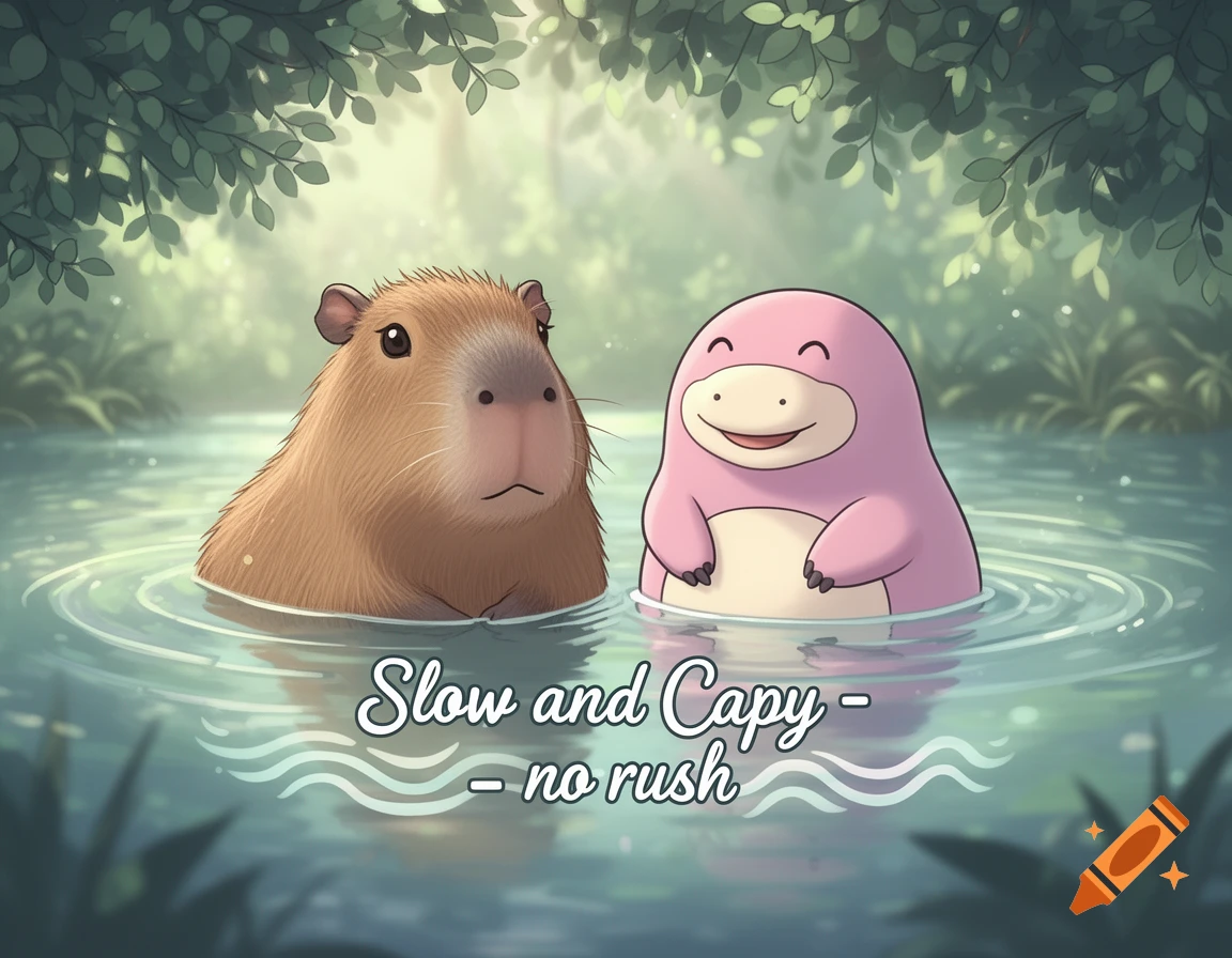 Cartoon capybara and pink Slowpoke floating in water under green foliage, with text "Slow and Capy - no rush".