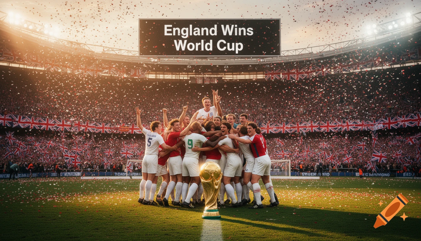 England football team celebrates World Cup victory on a confetti-covered pitch, with 'England Wins World Cup' on the scoreboard.