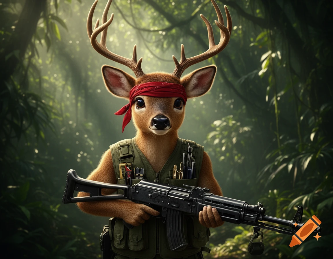 A stylized deer character wearing a red bandana and military vest, holding a machine gun in a lush jungle.